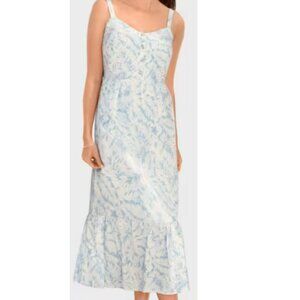 NEW Women's Midi Palm Leaf Ruffle Dress Size XL Light Blue & White